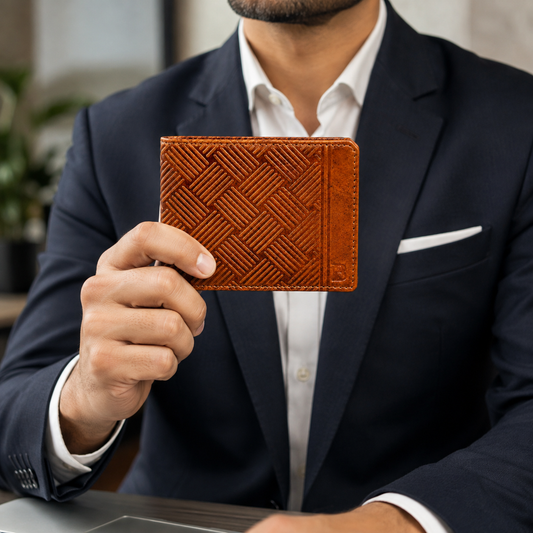 Premium Leather Bifold Wallet, Tan Brown, Geometric Embossed Pattern, Multiple Card Slots, Slim Design