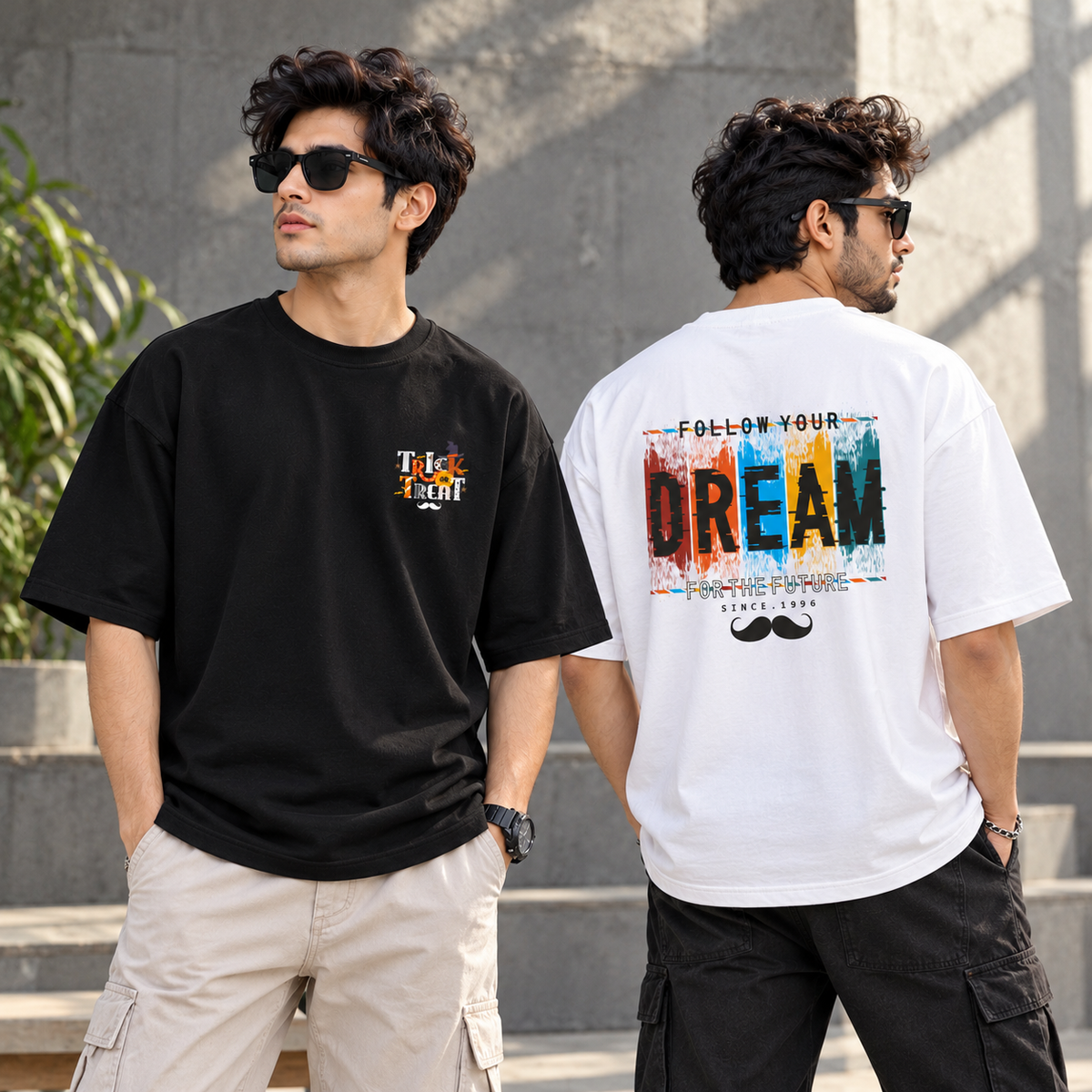 BHOKALS Men's Oversized Printed T-Shirt Combo Pack of 2 – Black Trick N Treat & White Dream Graphic Tees