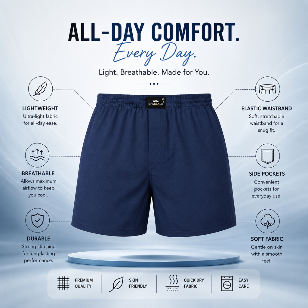 SOLID BLUE PLAIN COTTON MEN BOXER