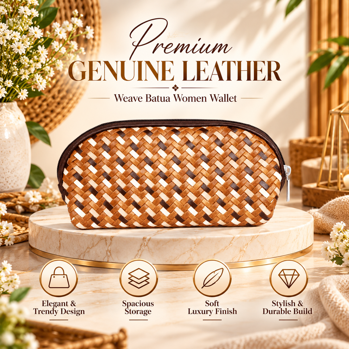 Leather Tan Weave Batua Women Wallet