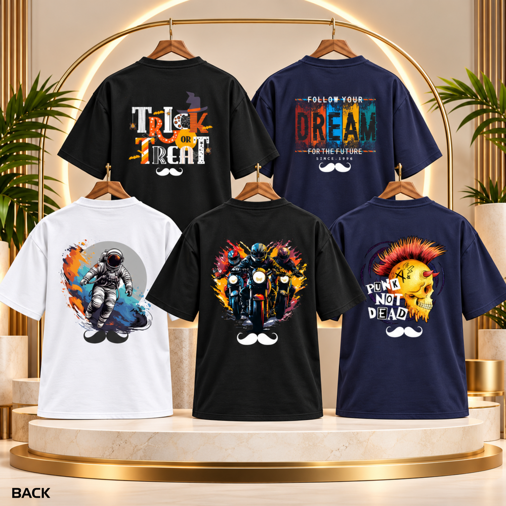 BHOKALS Men's Oversized Printed T-Shirt Combo Pack of 5 – Black Trick N Treat, Blue Dream, White Astronaut, Black Biker & Blue Punk Graphic Tees