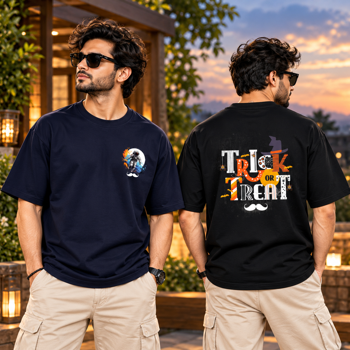 BHOKALS Men's Oversized Printed T-Shirt Combo Pack of 2 – Blue Astronaut & Black Trick N Treat Graphic Tees