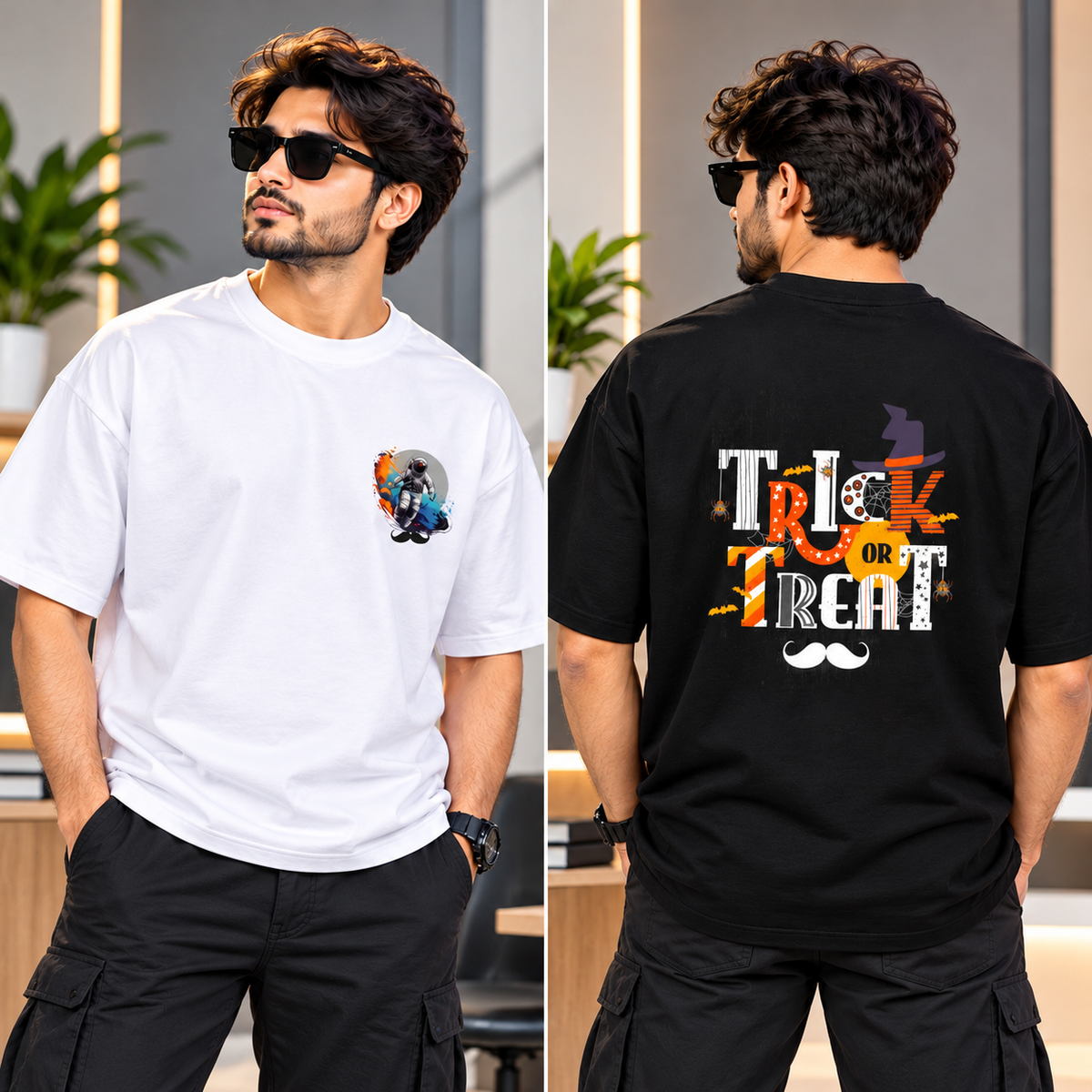 BHOKALS Men's Oversized Printed T-Shirt Combo Pack of 2 – White Astronaut & Black Trick N Treat Graphic Tees