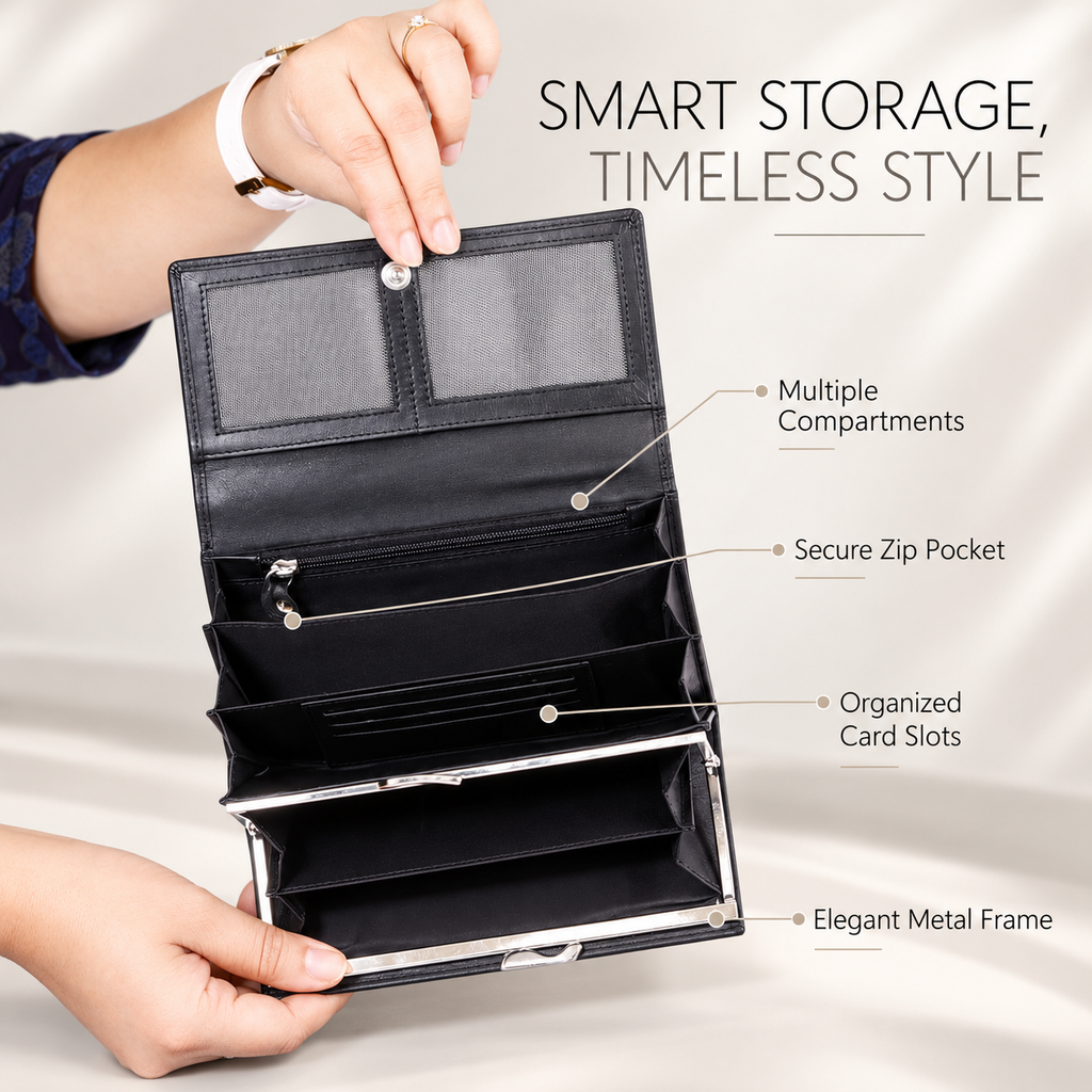 Leather Solid Black Zip Women Wallet