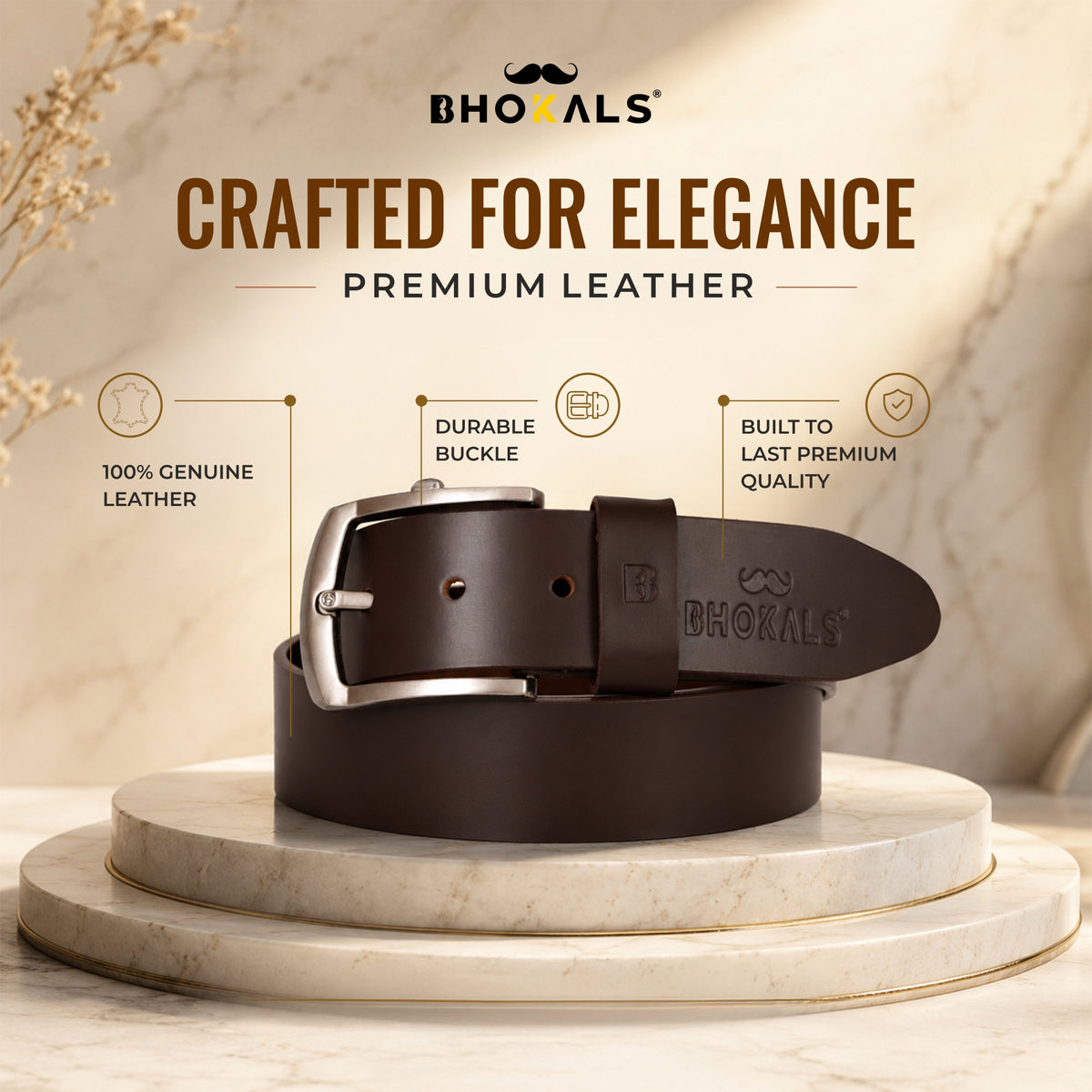 Bhokals Men Solid Brown Leather Belt