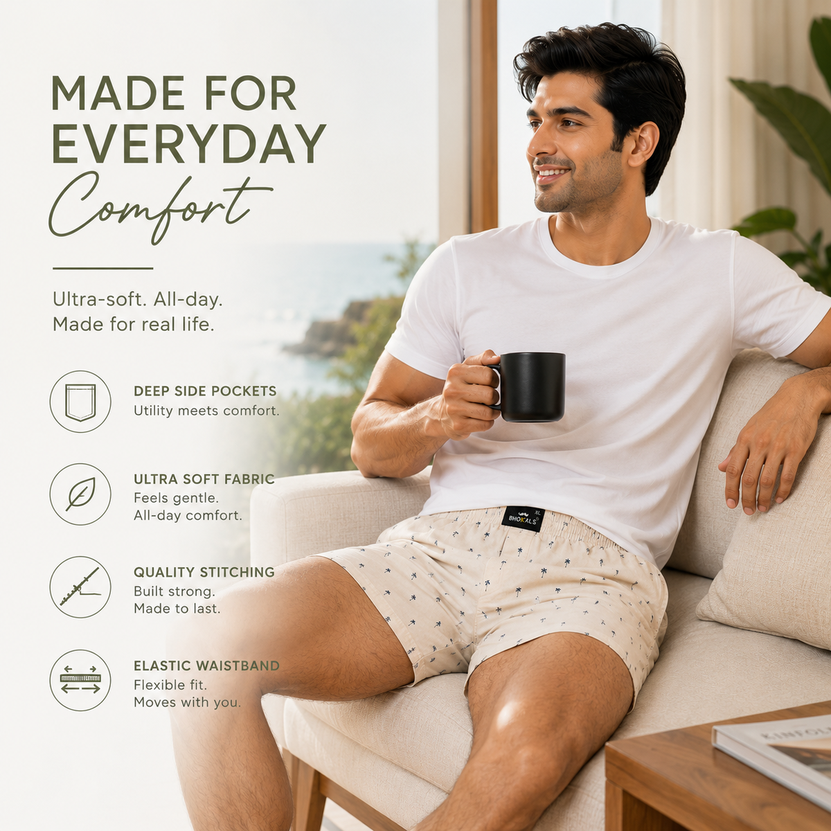 Cream Tree Printed Cotton Boxer For Men