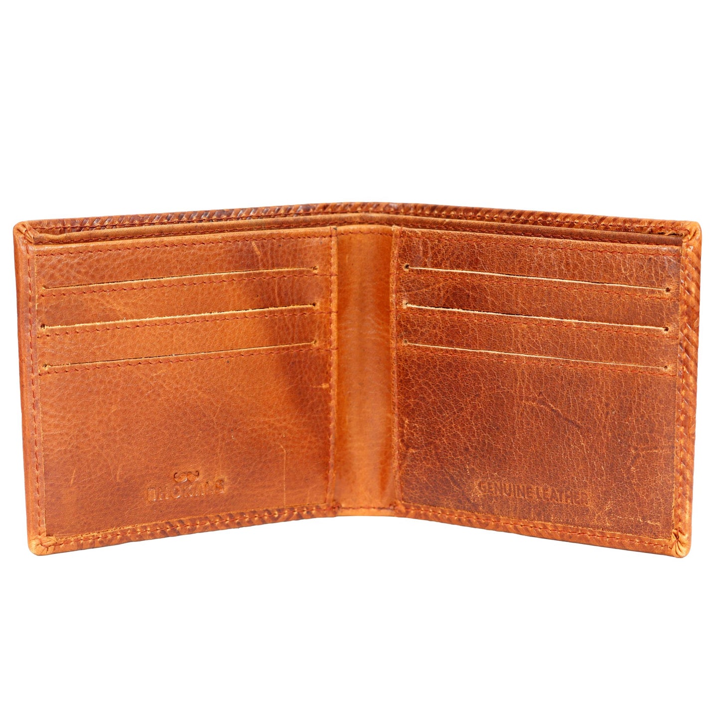 Premium Leather Bifold Wallet, Tan Brown, Geometric Embossed Pattern, Multiple Card Slots, Slim Design