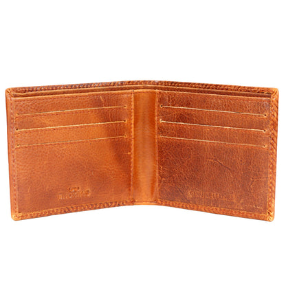 Premium Leather Bifold Wallet, Tan Brown, Geometric Embossed Pattern, Multiple Card Slots, Slim Design