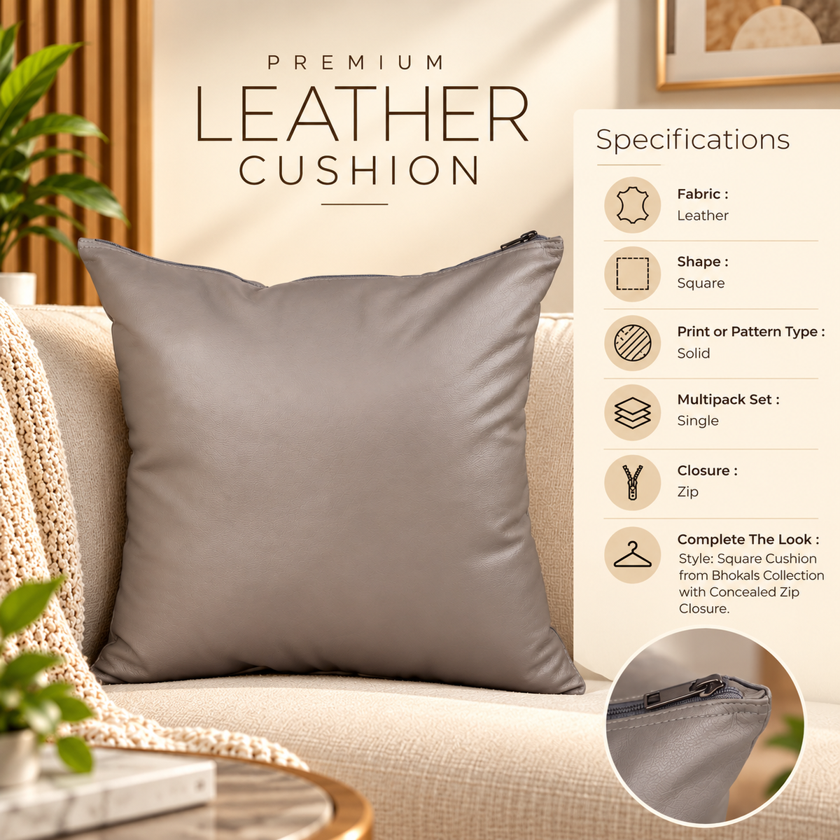 Leather Solid Grey Cushion