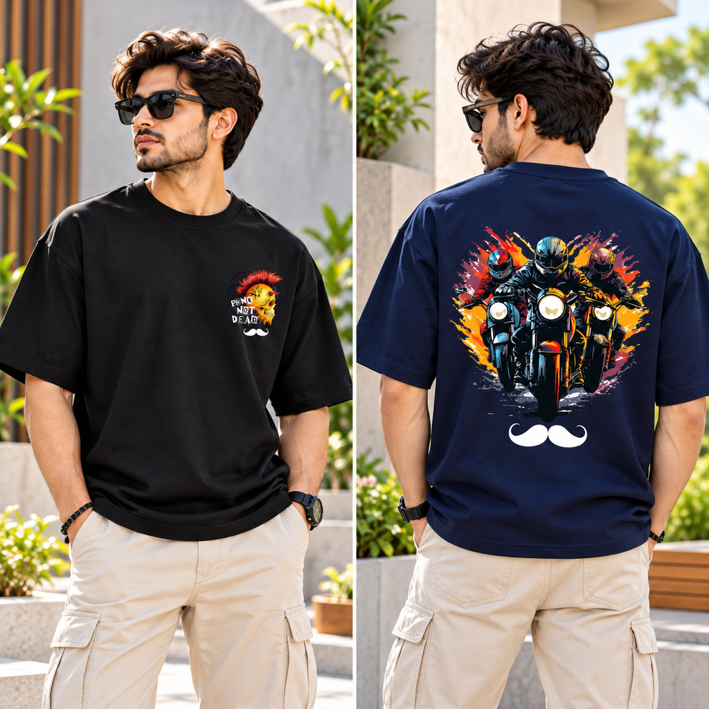 BHOKALS Men's Oversized Printed T-Shirt Combo Pack of 2 – Blue Biker & Black Punk Graphic Tees