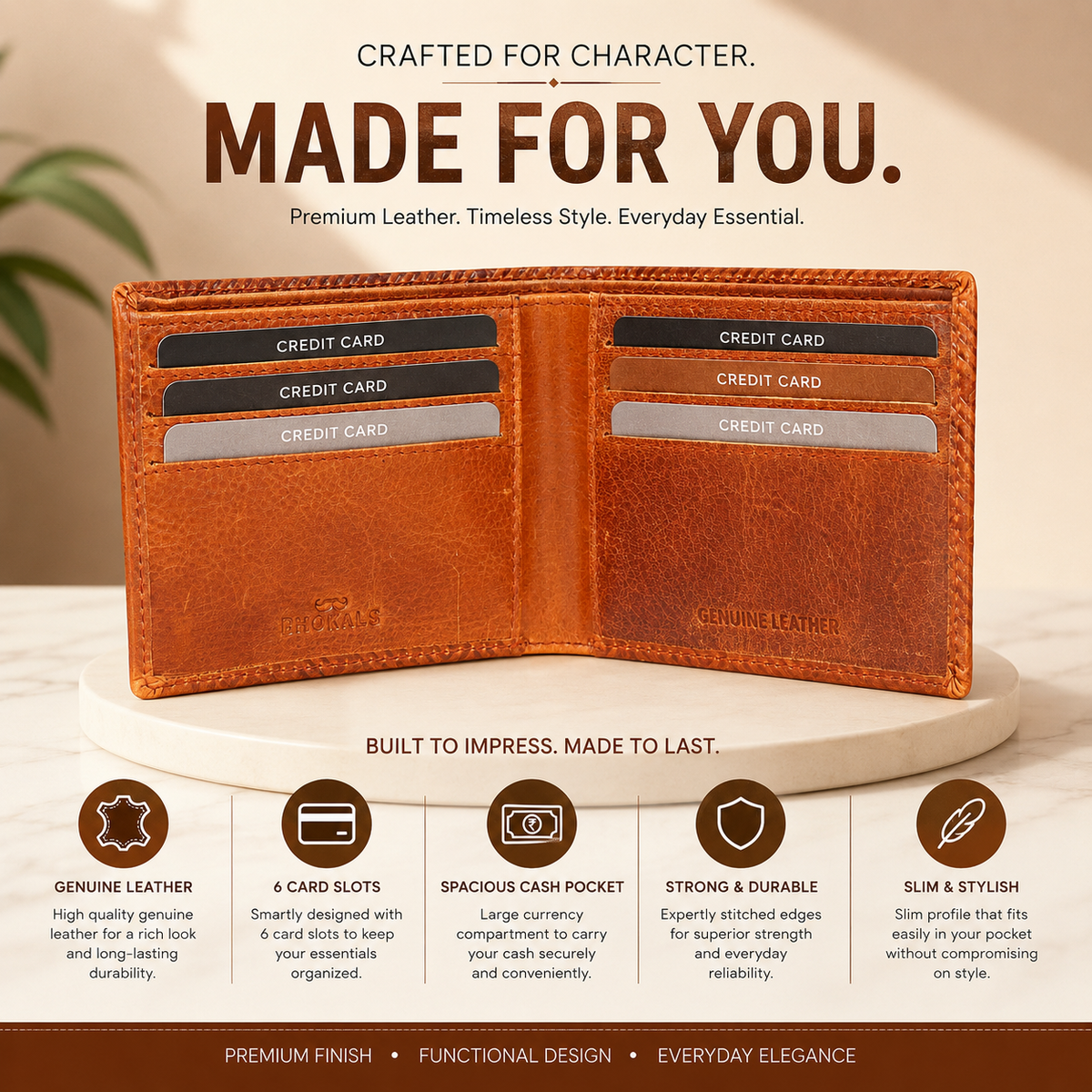 Premium Leather Bifold Wallet, Tan Brown, Geometric Embossed Pattern, Multiple Card Slots, Slim Design