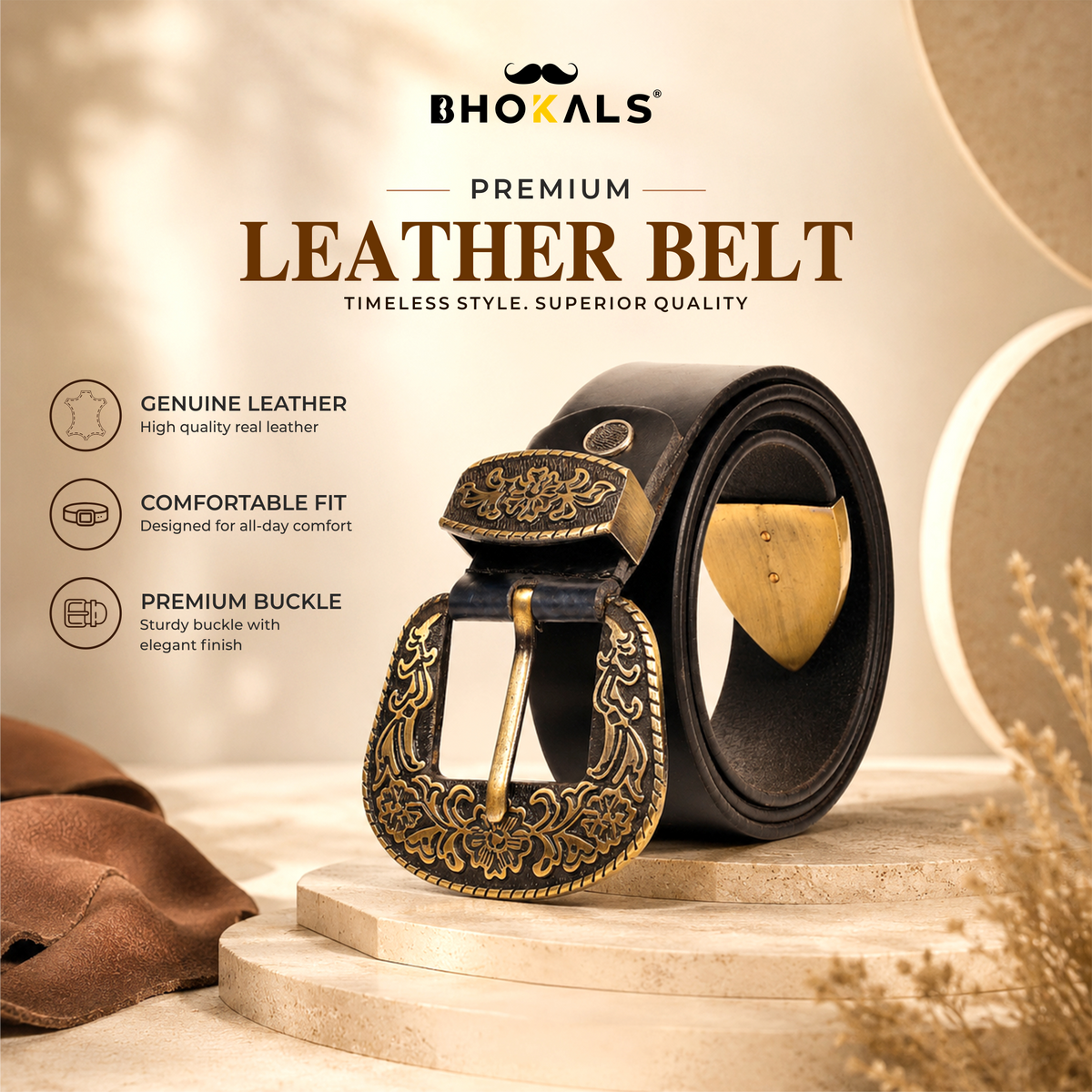 Maharaja Men Golden Buckle Black Leather Belt