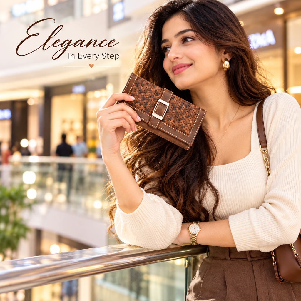 Leather Brown weave Buckle women Wallet