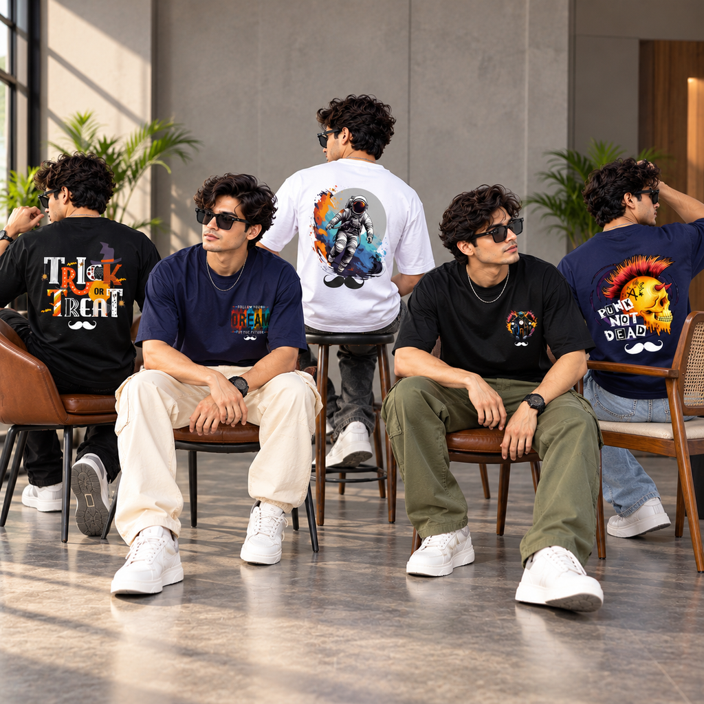 BHOKALS Men's Oversized Printed T-Shirt Combo Pack of 5 – Black Trick N Treat, Blue Dream, White Astronaut, Black Biker & Blue Punk Graphic Tees