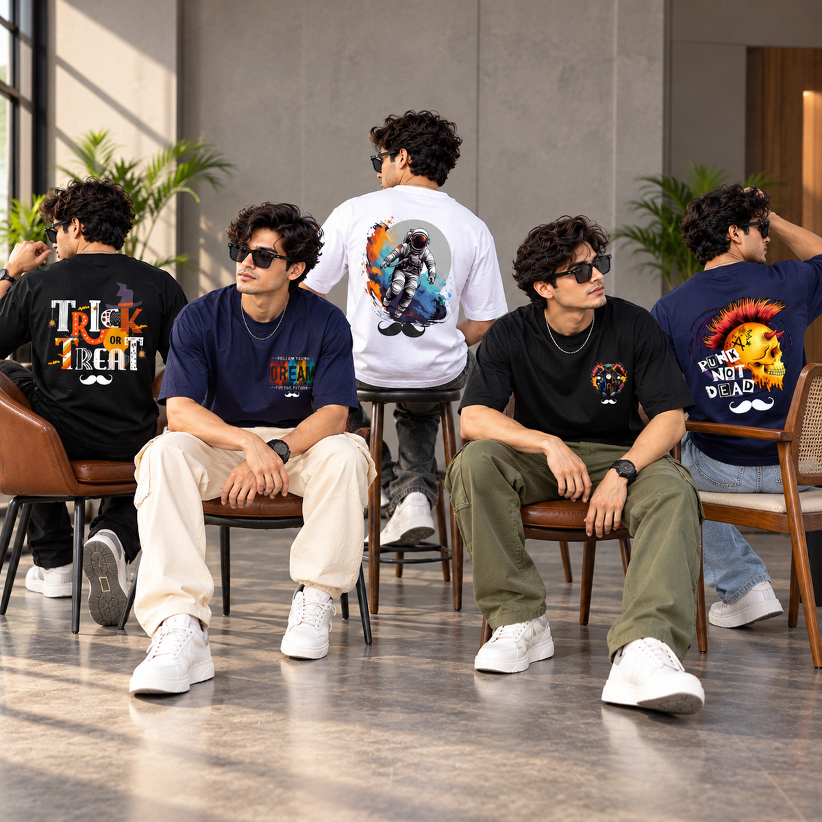 BHOKALS Men's Oversized Printed T-Shirt Combo Pack of 5 – Black Trick N Treat, Blue Dream, White Astronaut, Black Biker & Blue Punk Graphic Tees
