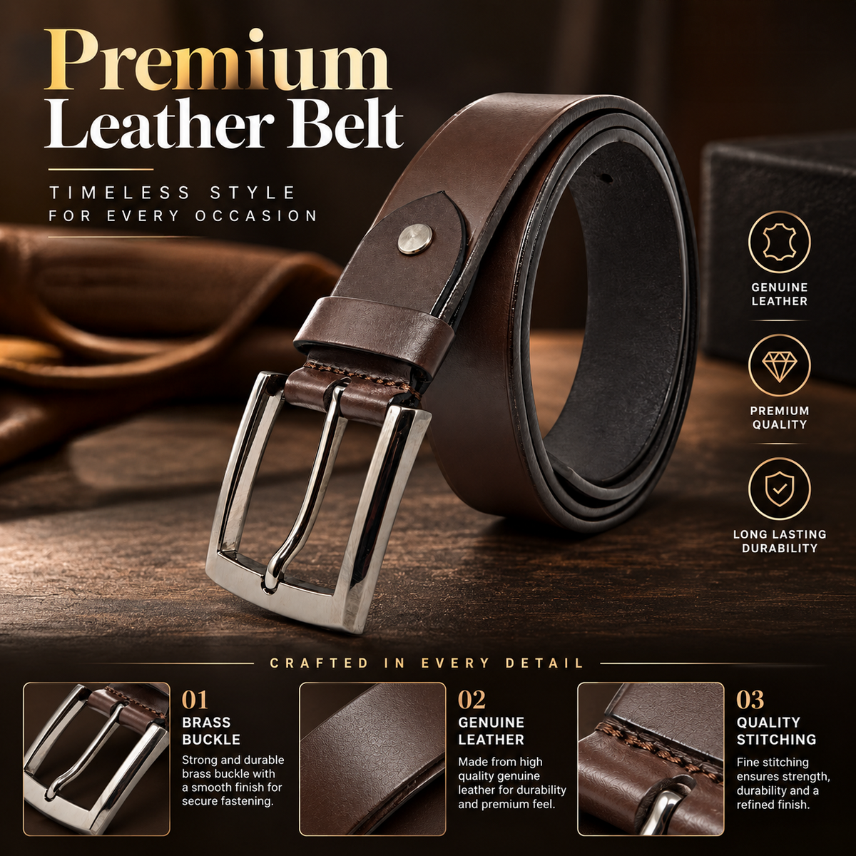 Bhokals Men Solid Brown Formal Leather Belt