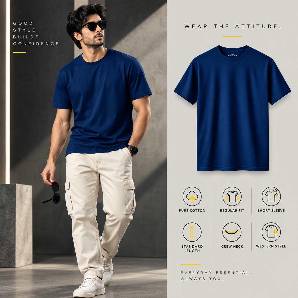 Bhokals Round Neck - White, Black, & Blue Regular T-Shirts - Pack of 3