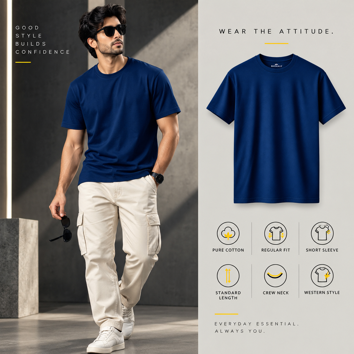 Bhokals Round Neck - White, Black, & Blue Regular T-Shirts - Pack of 3