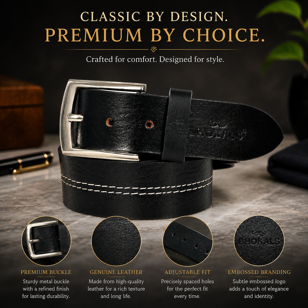 Men Black Middle Thread Leather Belt