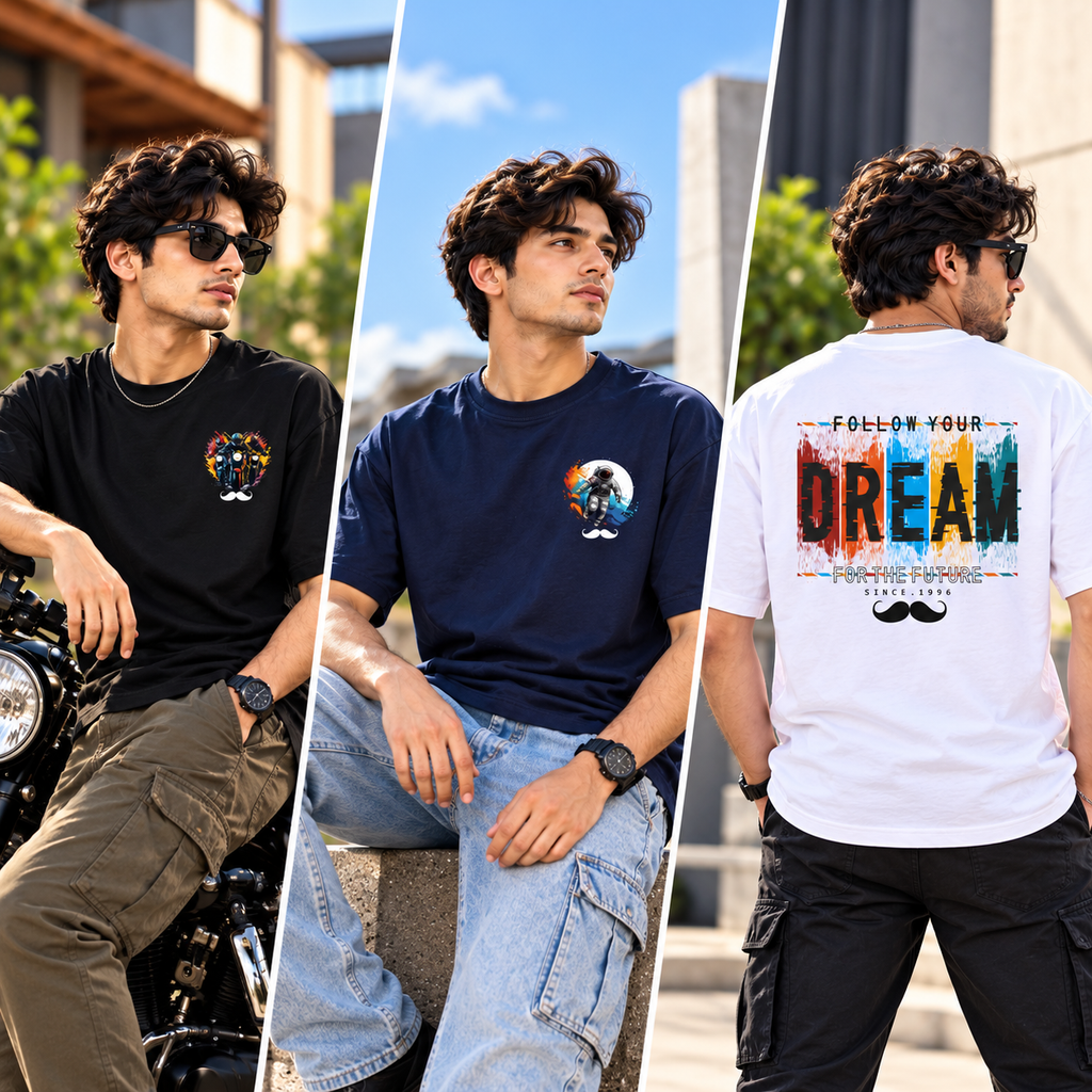 BHOKALS Men's Oversized Printed T-Shirt Combo Pack of 3 – Black Biker, Blue Astronaut & White Dream Graphic Tees
