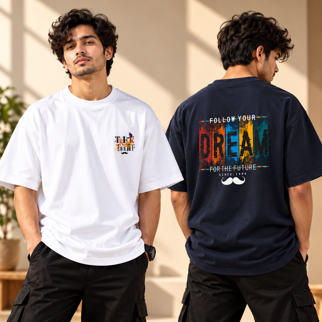 BHOKALS Men's Oversized Printed T-Shirt Combo Pack of 2 – White Trick N Treat & Blue Dream Graphic Tees