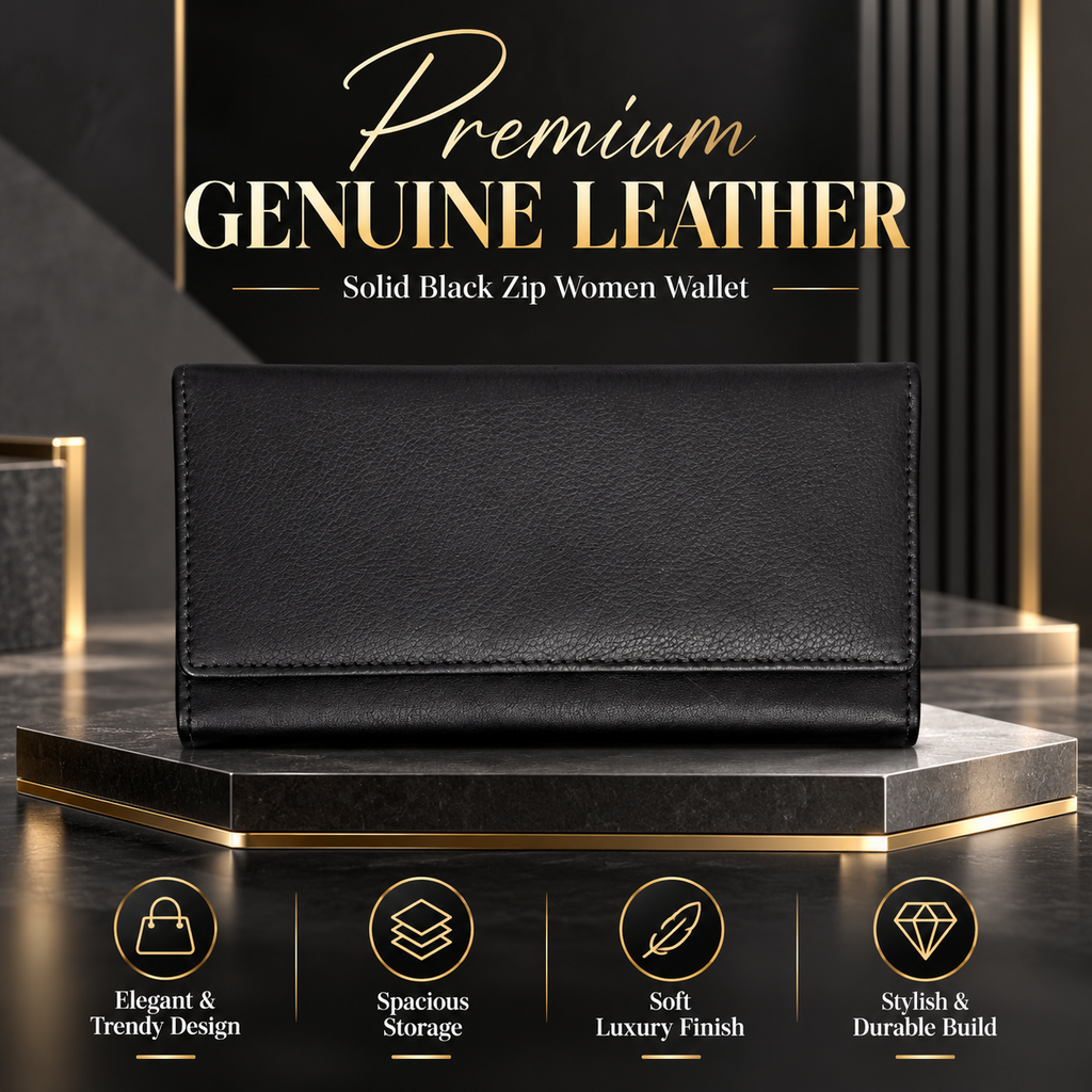 Leather Solid Black Zip Women Wallet