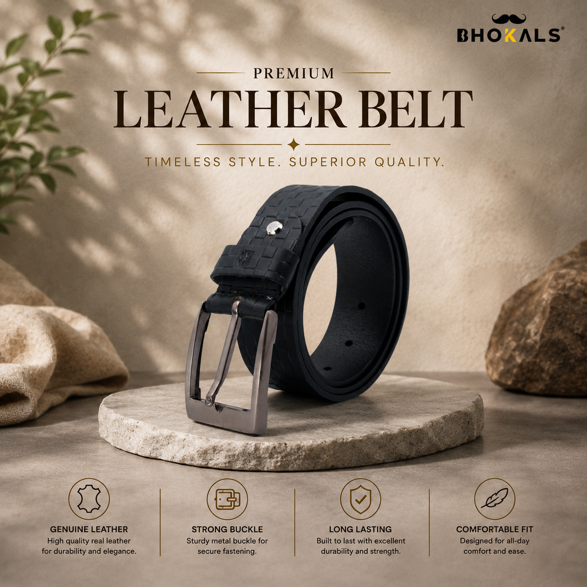 Bhokals Men Black Chess Plub Leather Belt