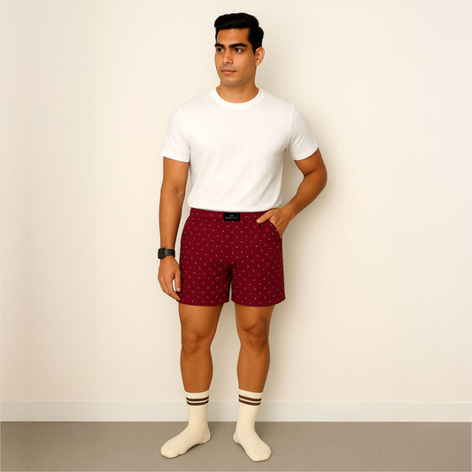 Maroon White Dotted Printed Cotton Boxer For Men