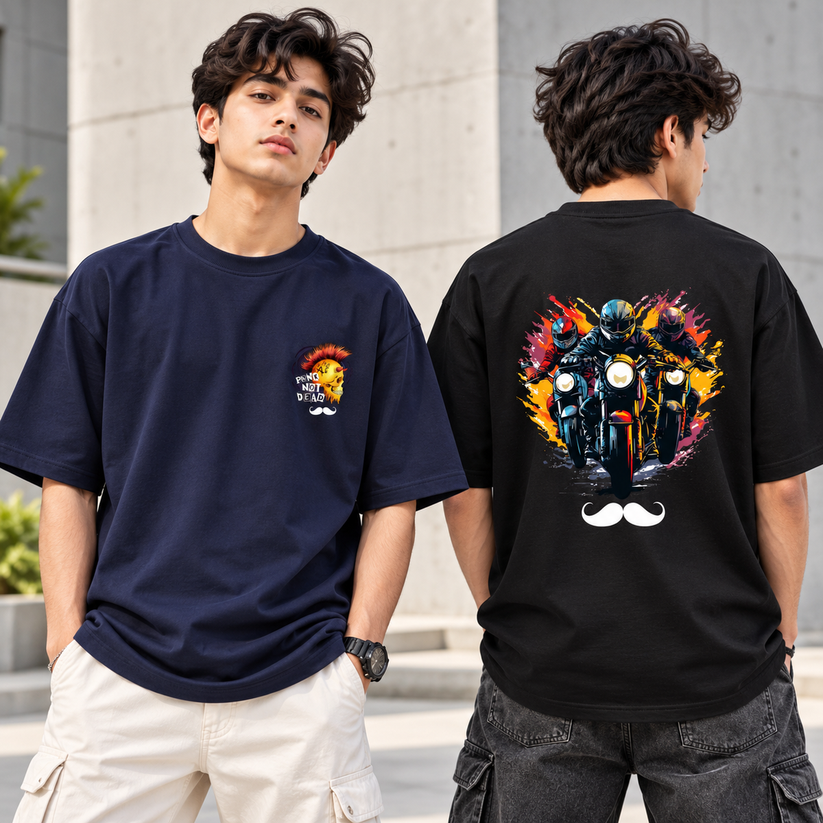 BHOKALS Men's Oversized Printed T-Shirt Combo Pack of 2 – Black Biker & Blue Punk Graphic Tees