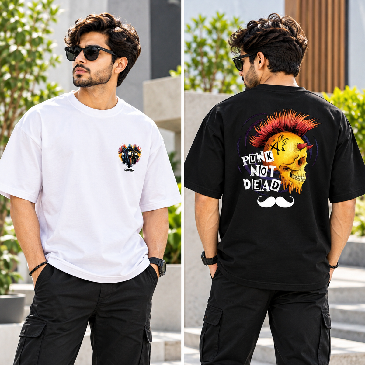 BHOKALS Men's Oversized Printed T-Shirt Combo Pack of 2 – White Biker & Black Punk Graphic Tees