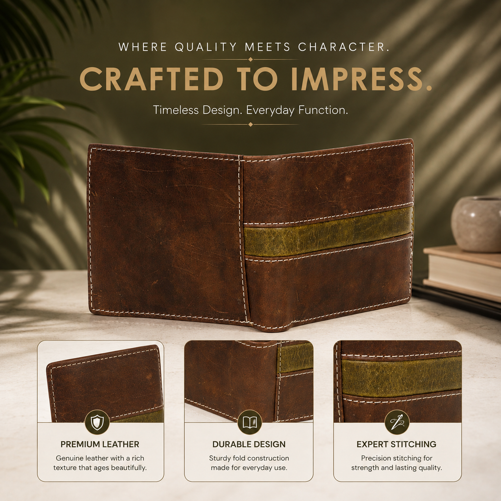 Leather Brown Green Strip Men Wallet