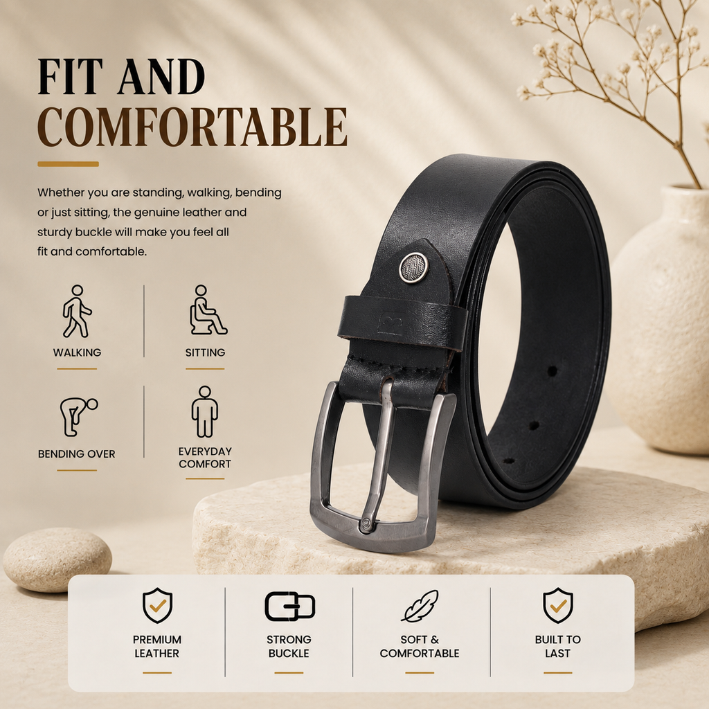 Bhokals Men Black Casual Leather Belt