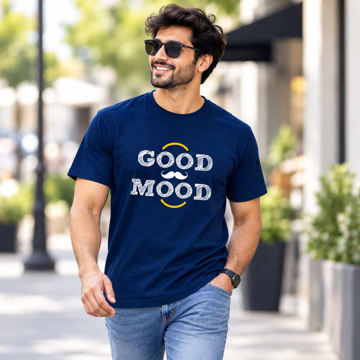 Good Mood Printed Round Neck Cotton Men T-Shirt