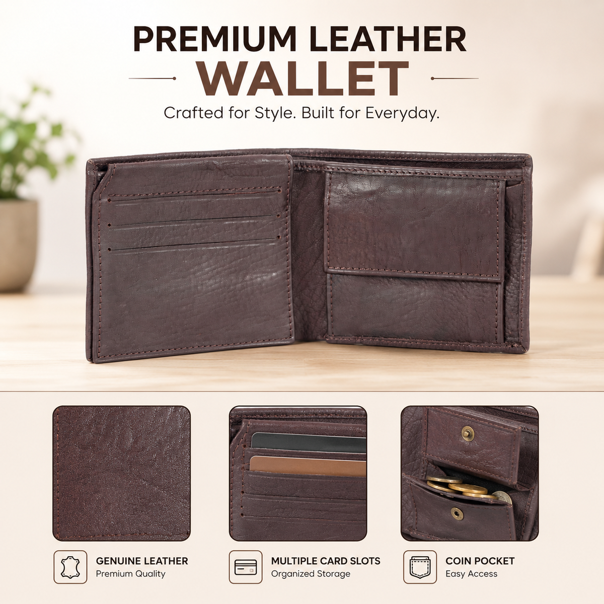 Leather Brown White Thread Men Wallet