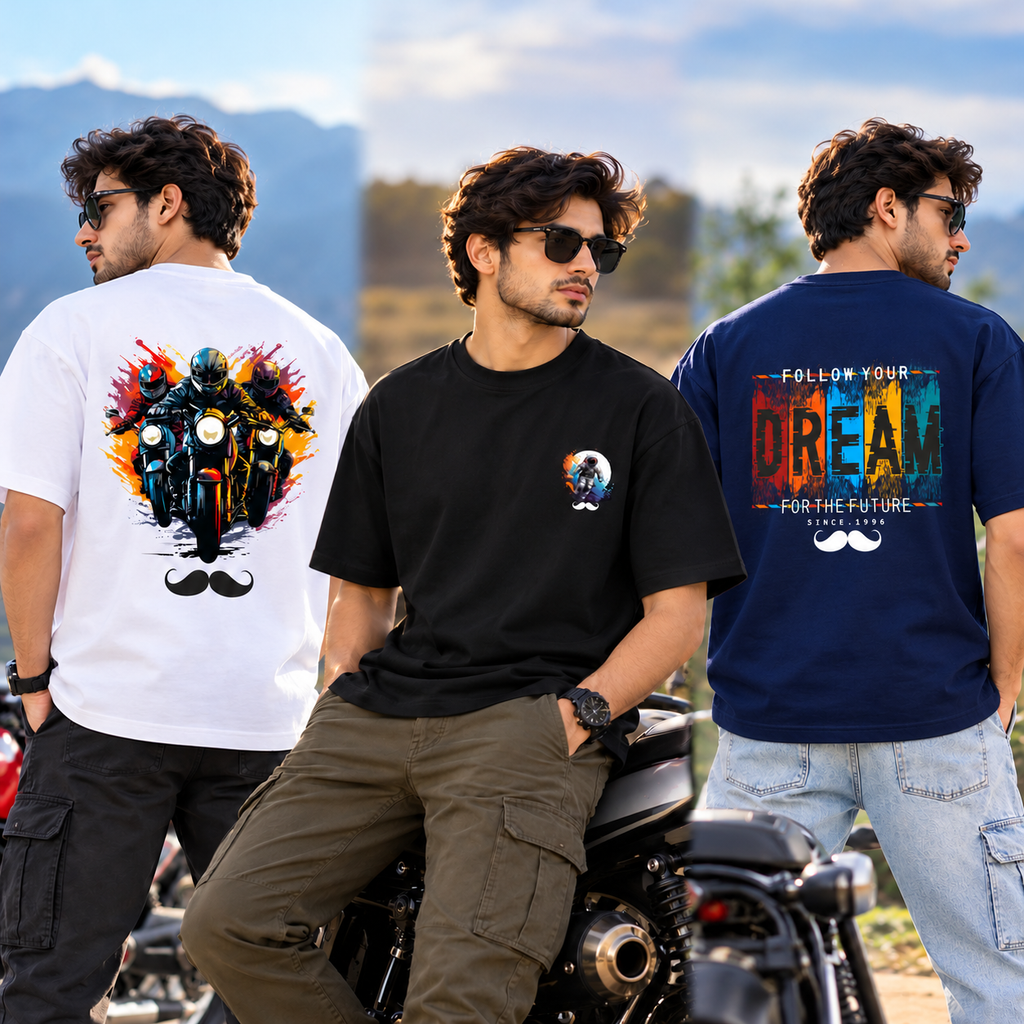 BHOKALS Men's Oversized Printed T-Shirt Combo Pack of 3 – White Biker, Black Astronaut & Blue Dream Graphic Tees