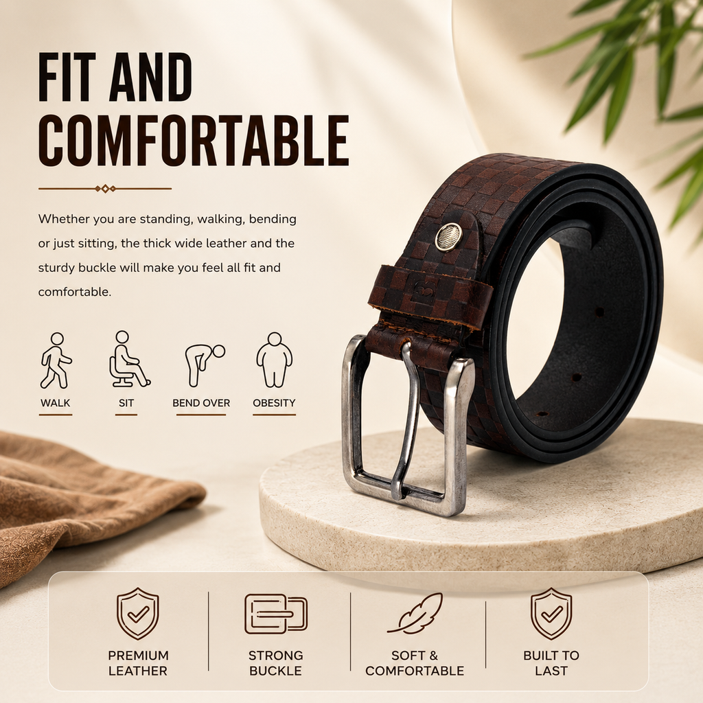 Bhokals Men Brown Chess Plub Leather Belt