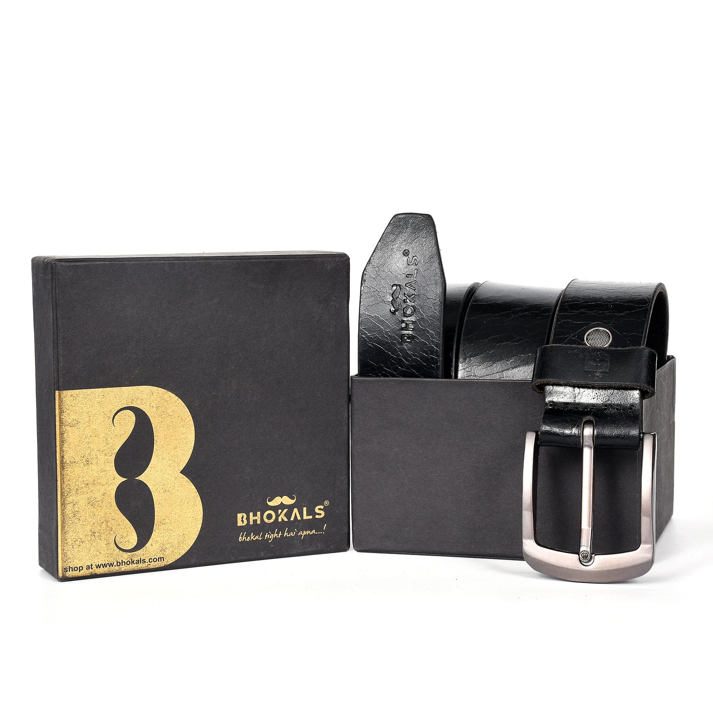 Bhokals Men Black Crunch Leather Belt