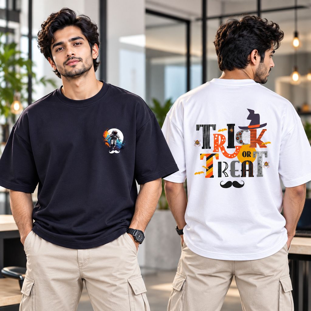 BHOKALS Men's Oversized Printed T-Shirt Combo Pack of 2 – Blue Astronaut & White Trick N Treat Graphic Tees