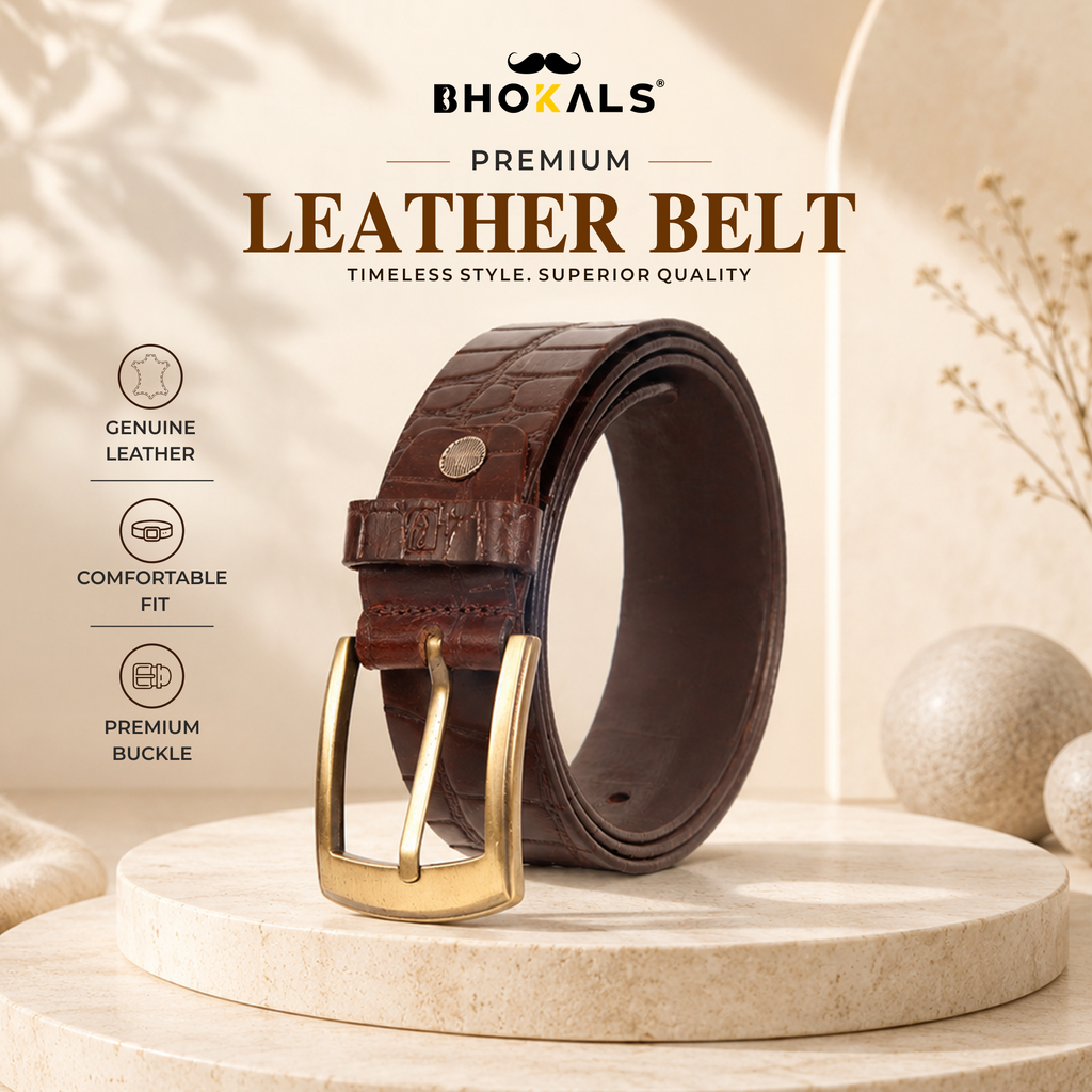 Bhokals Men Croc Texture  Brown Leather Belt