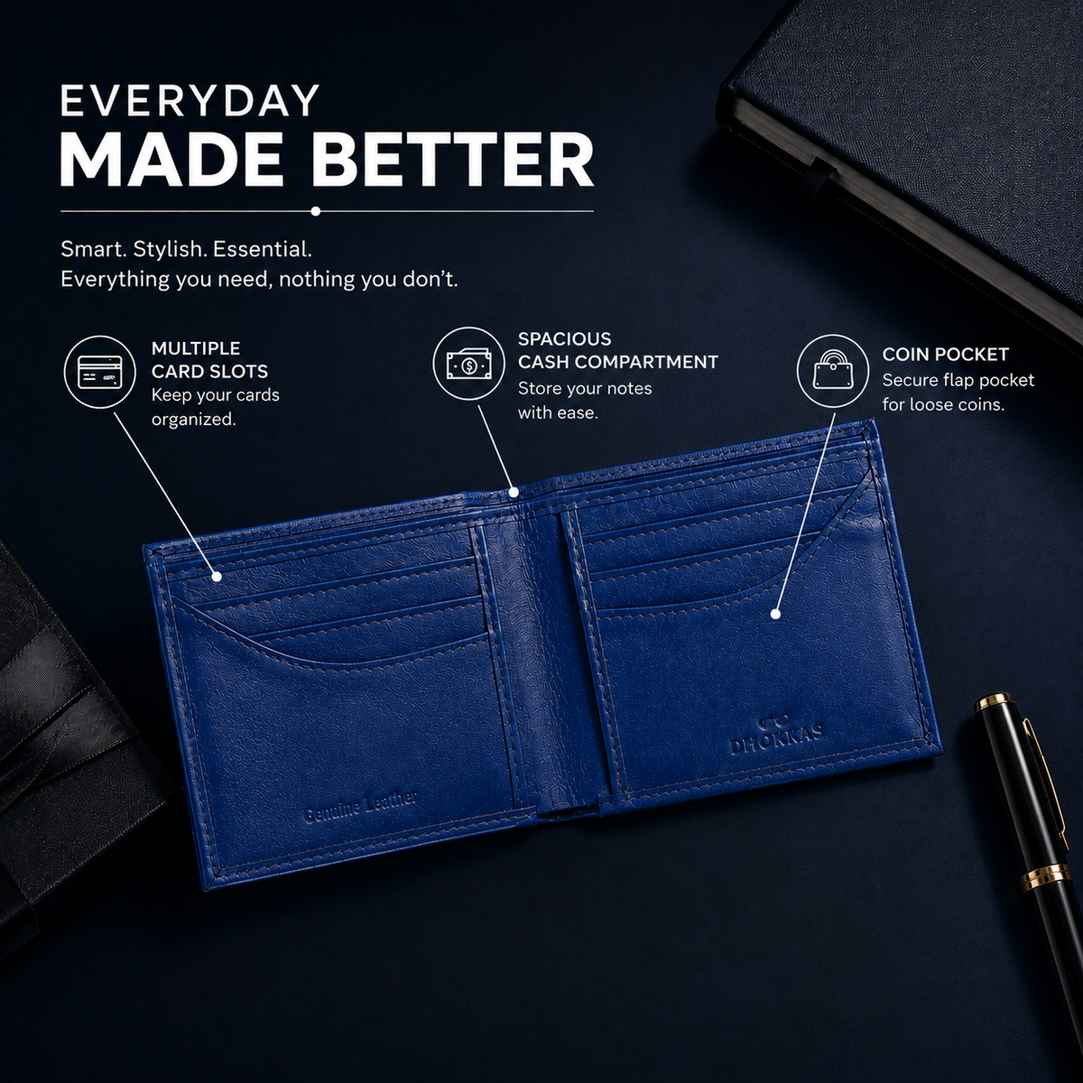 Men's Classic Leather Bifold Wallet, Navy Blue, Multiple Card Slots, Slim Design