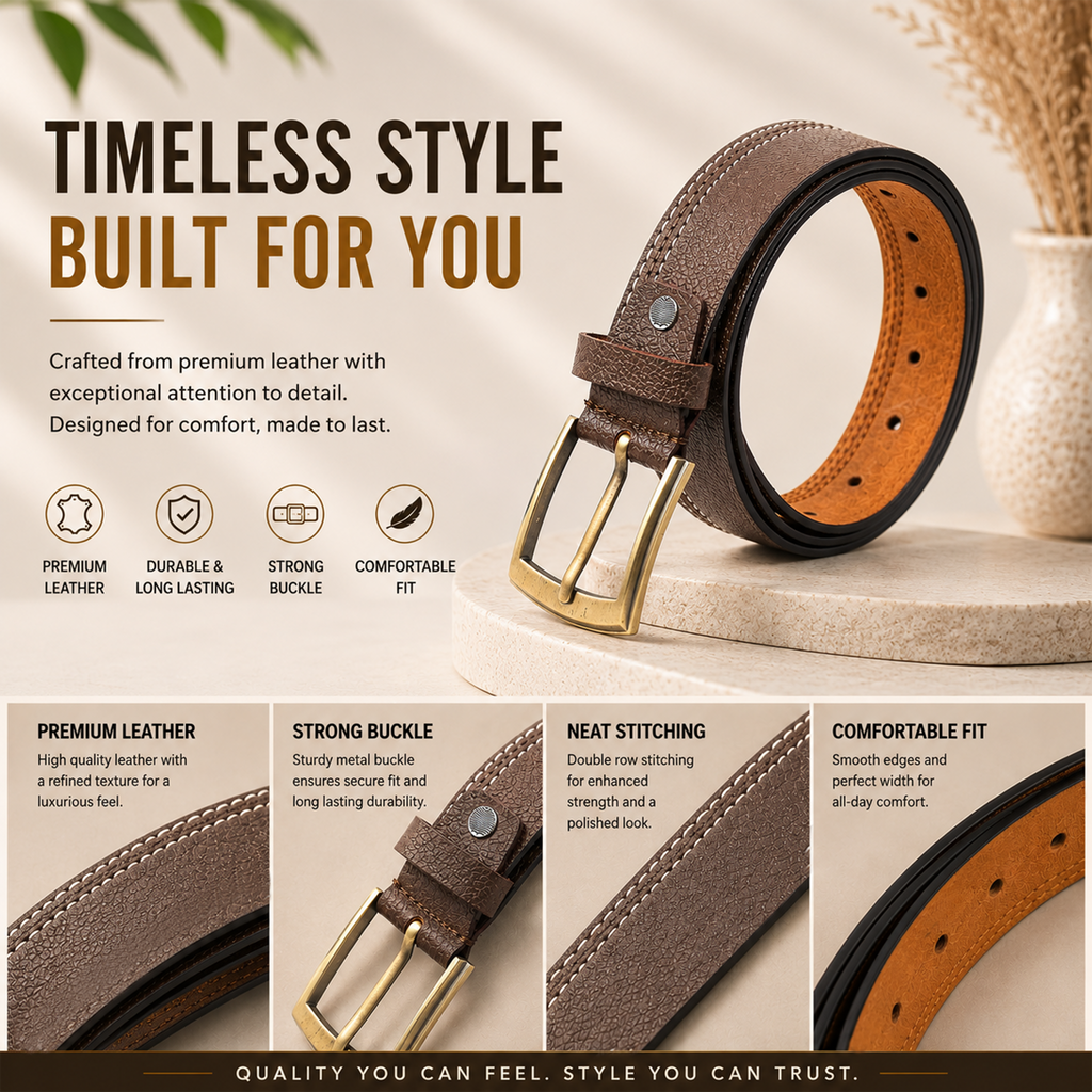 Men Brown Side Thread Leather  Belt