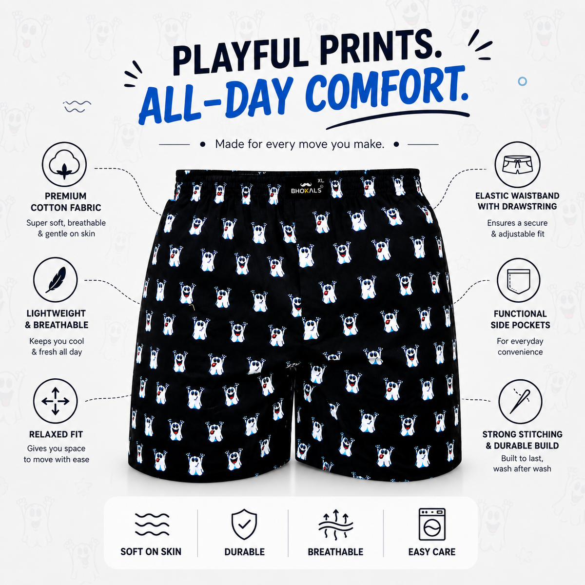 Black Ghost Cartoon Printed Cotton Boxer For Men