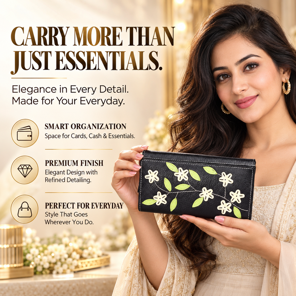 Leather Black Cream Flower Women Wallet