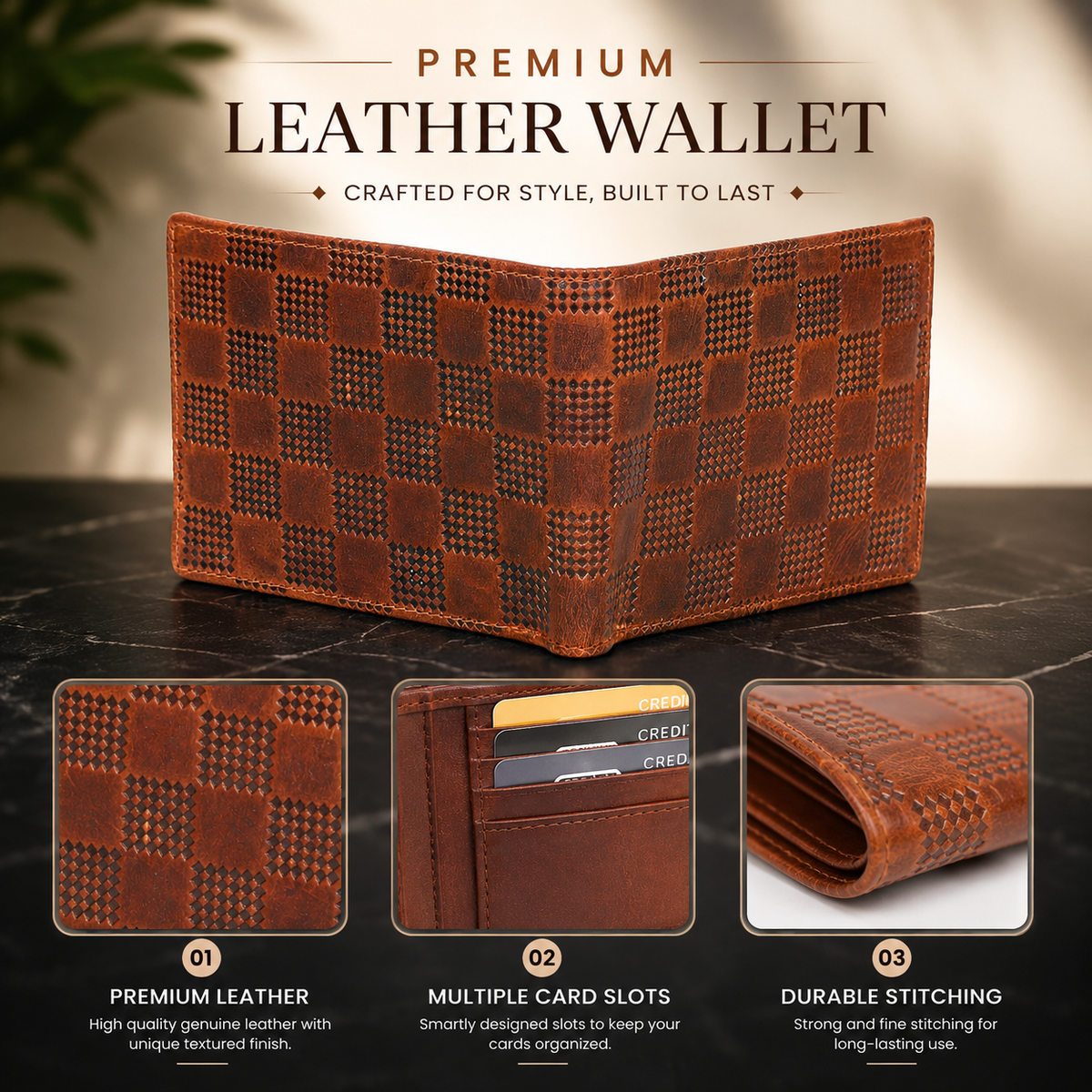 BHOKALS Genuine Leather Bifold Wallet, Brown, Checkered Pattern Design, Multiple Card Slots, Vintage Style, Classic Men's Accessory