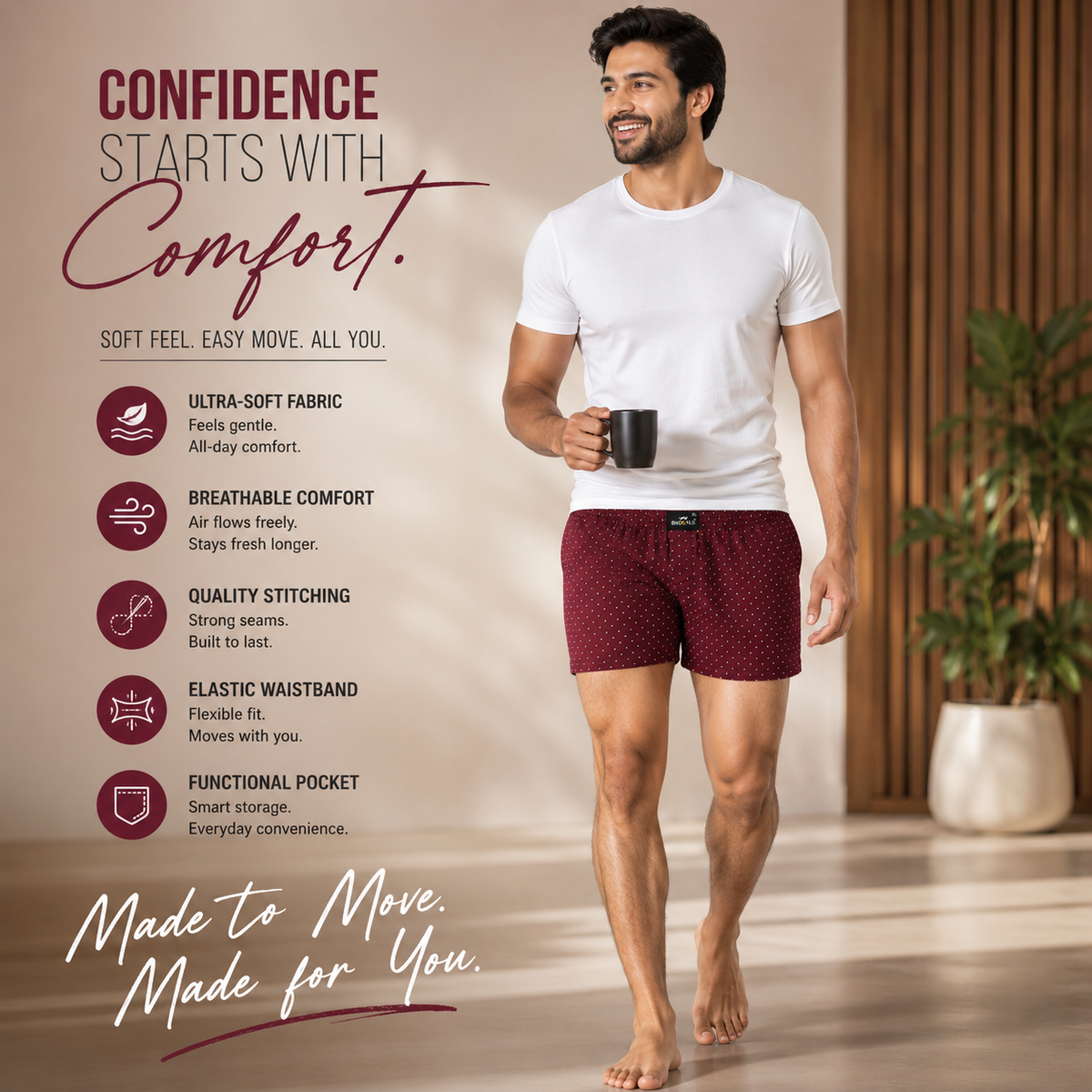 Maroon White Dotted Printed Cotton Boxer For Men