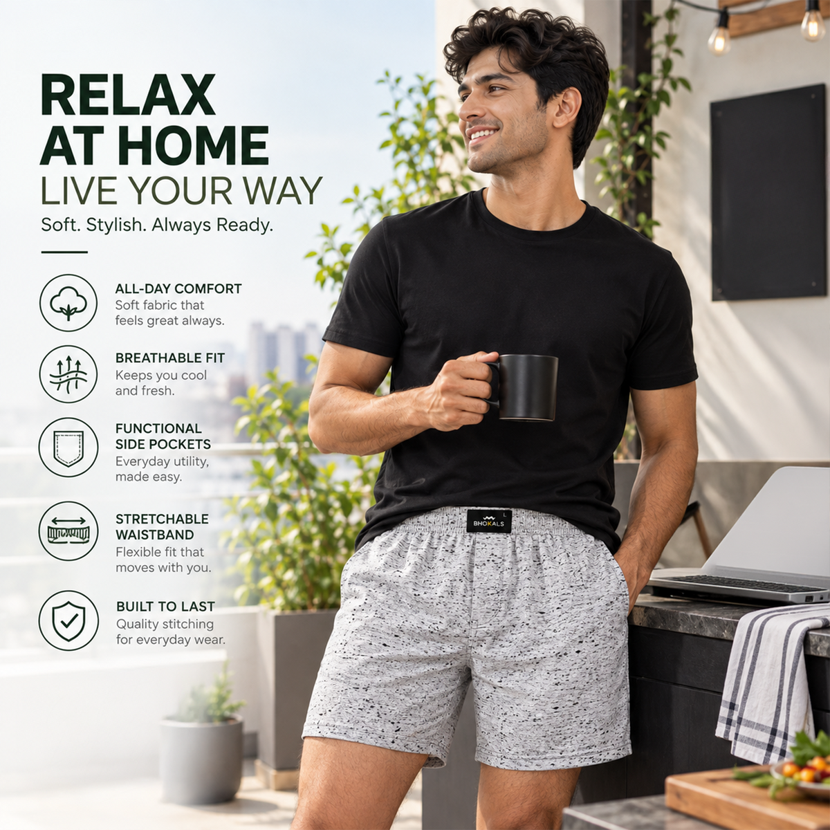 GREY WITH BLACK TEXTURE COTTON BOXER FOR MEN COTTON MEN BOXER