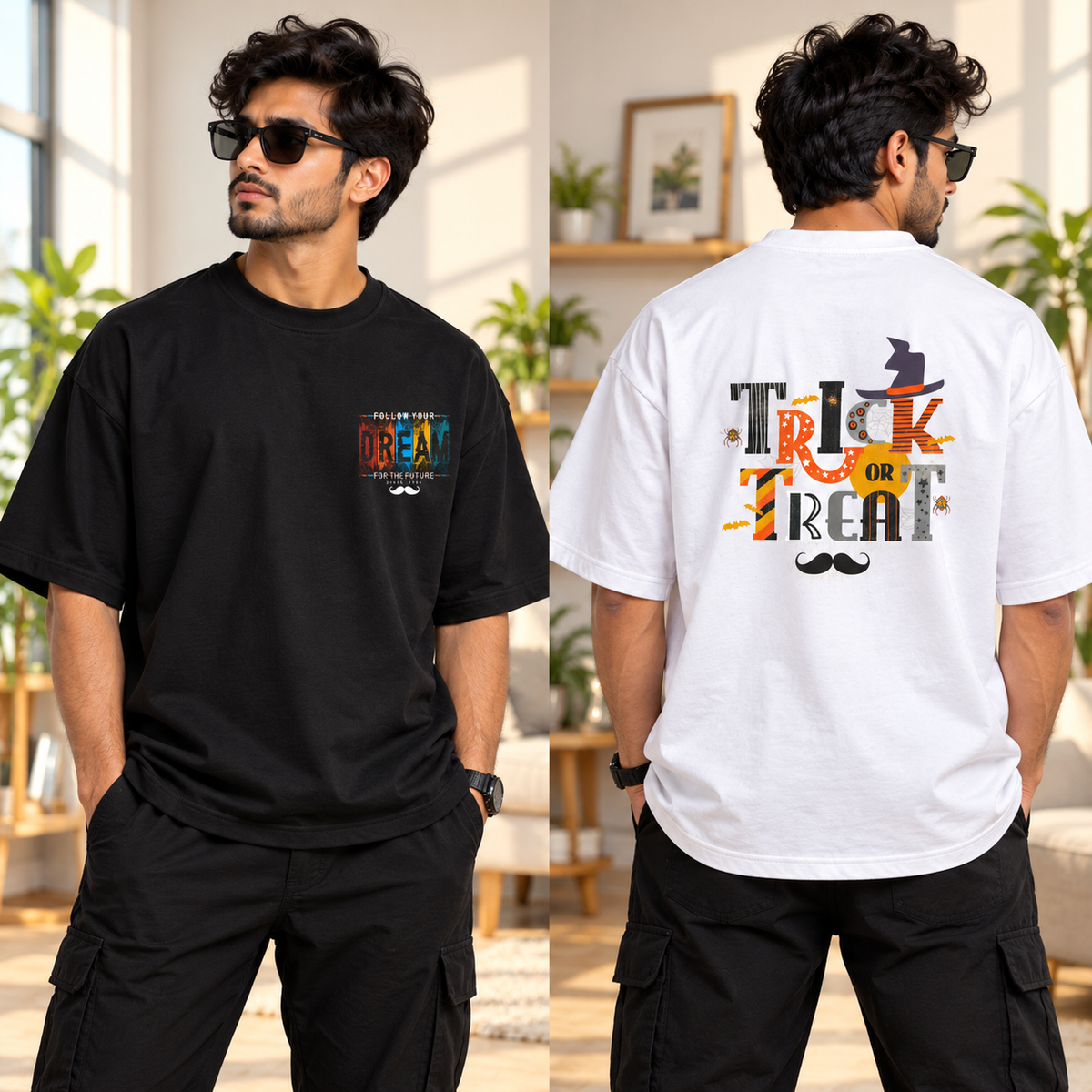 BHOKALS Men's Oversized Printed T-Shirt Combo Pack of 2 – White Trick N Treat & Black Dream Graphic Tees