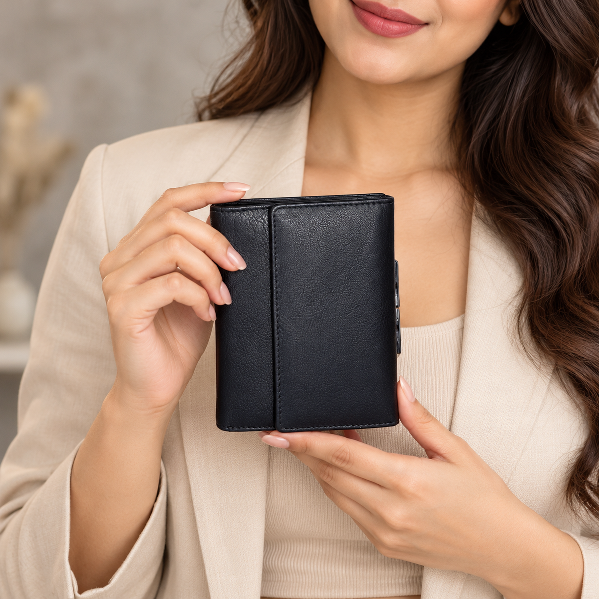 Leather Solid Black Clutch Women Wallet