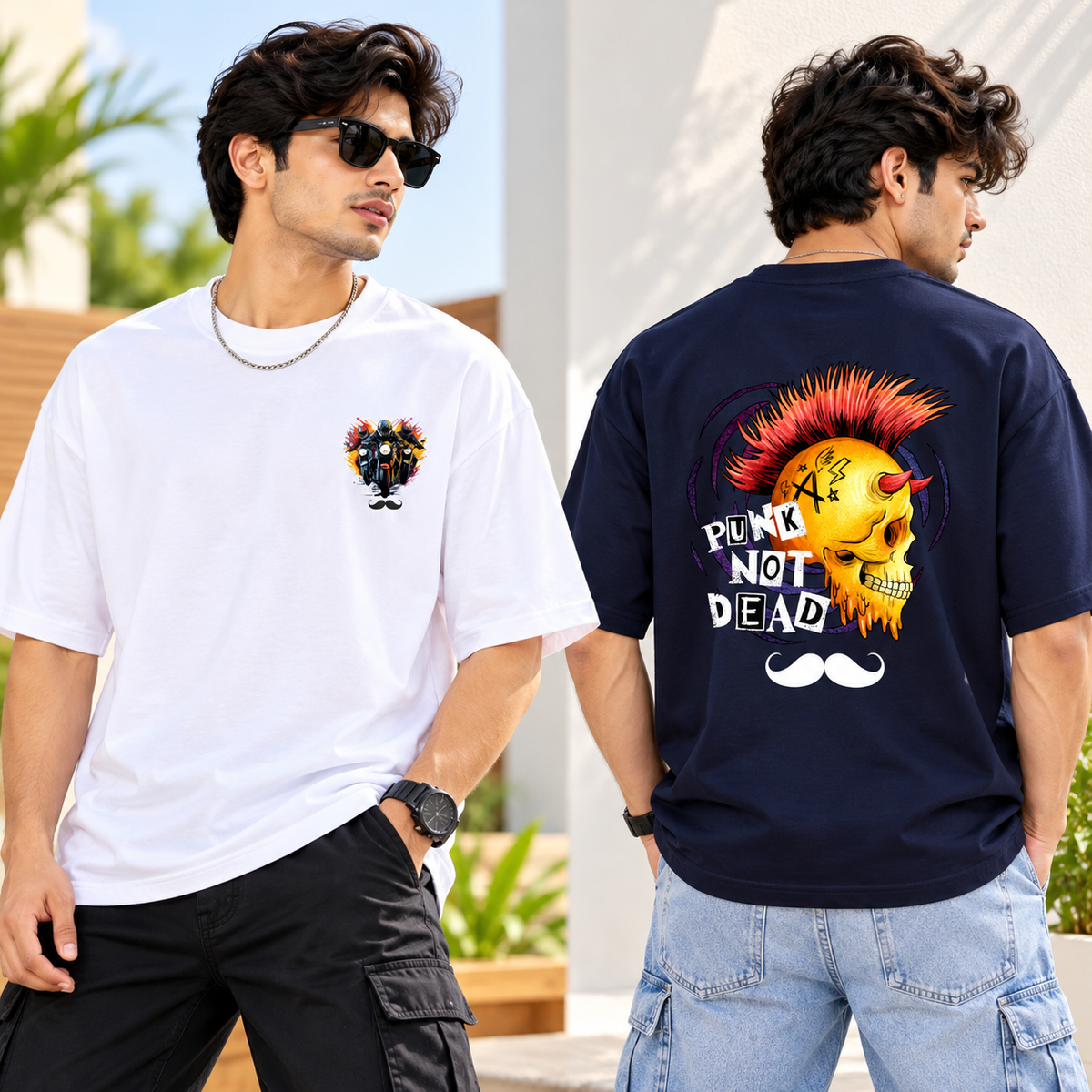 BHOKALS Men's Oversized Printed T-Shirt Combo Pack of 2 – White Biker & Blue Punk Graphic Tees