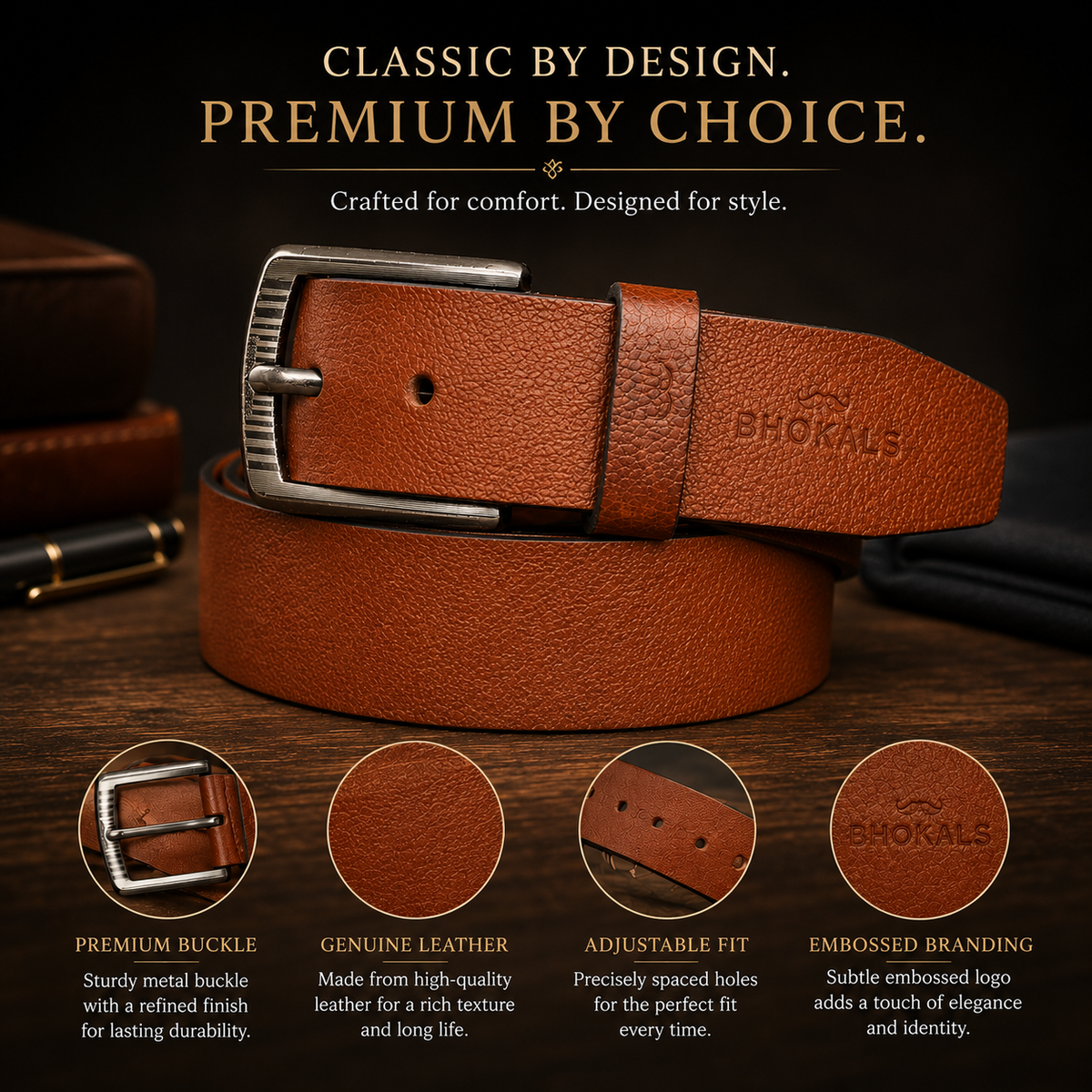 Bhokals Men Tan Grain Leather Belt